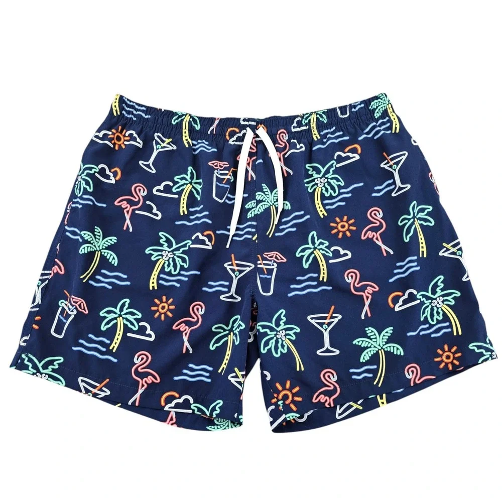 Chubbies Mens Swim Trunks XXL Navy Blue Neon Flamingo Palm Tree 5.5 Inseam Mesh